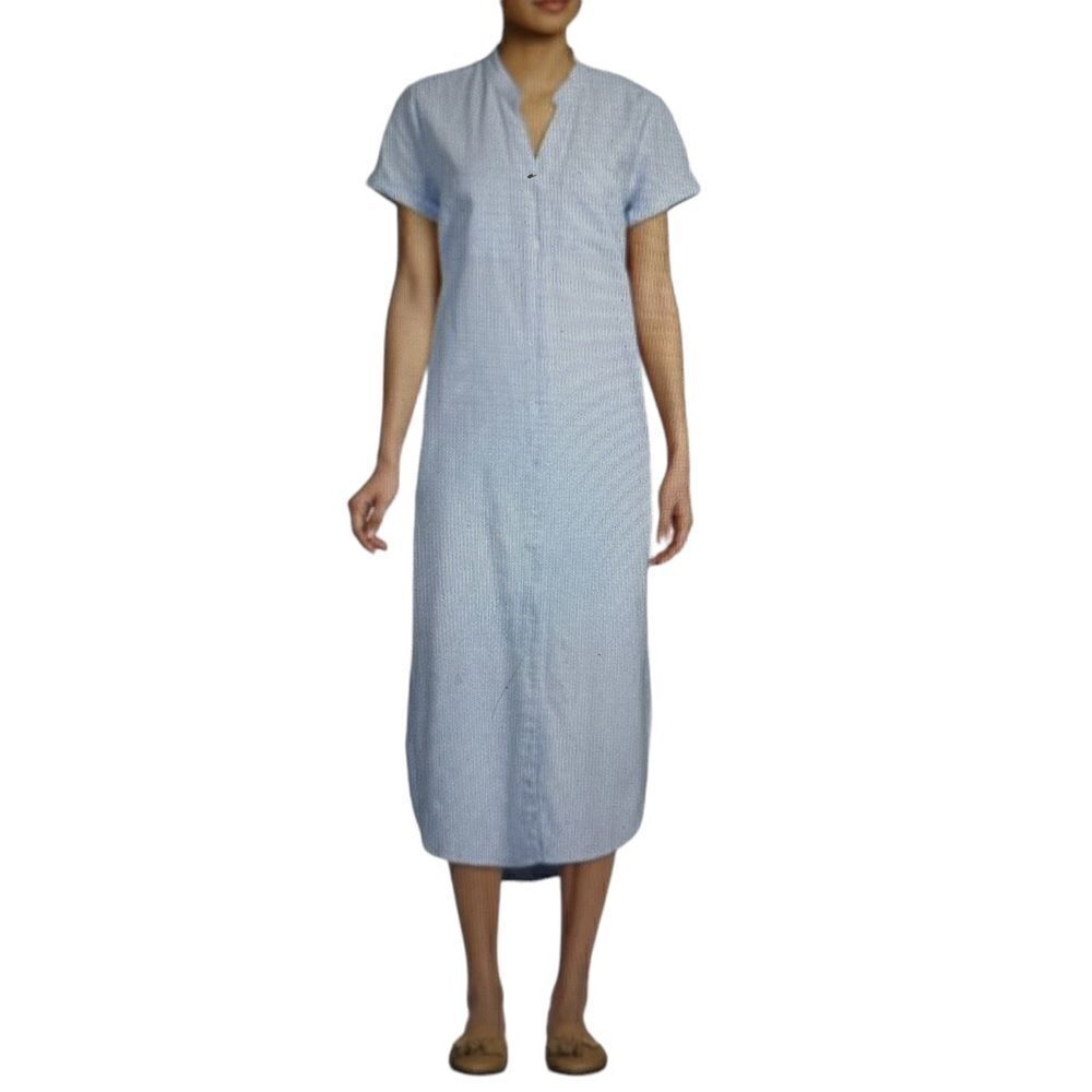 PURE NAVY Pocket Detail 100% Linen Chambray Button Front Shirt Midi Dress